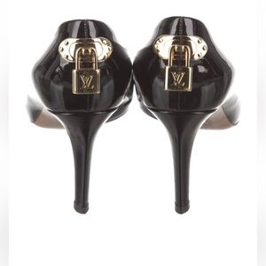 Louis Vuitton Black Patent Leather Padlock Stiletto Heels with Gold Hardware